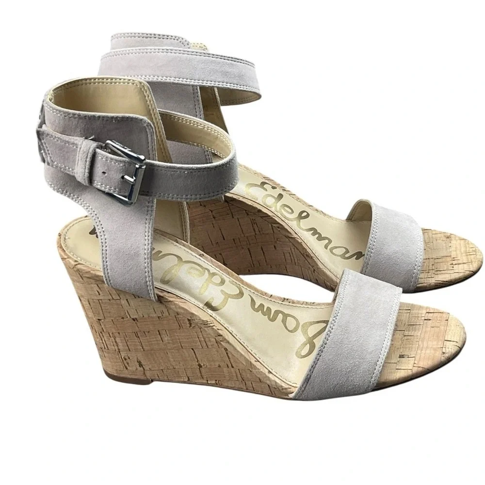 Sam Edelman Women Light Gray Suede Cork Wedge Sandals Size 6.5 Ankle Strap Shoes